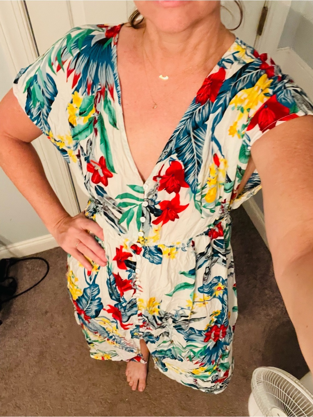 Floral V-Neck Maxi Dress in White with Red & Yellow Blooms